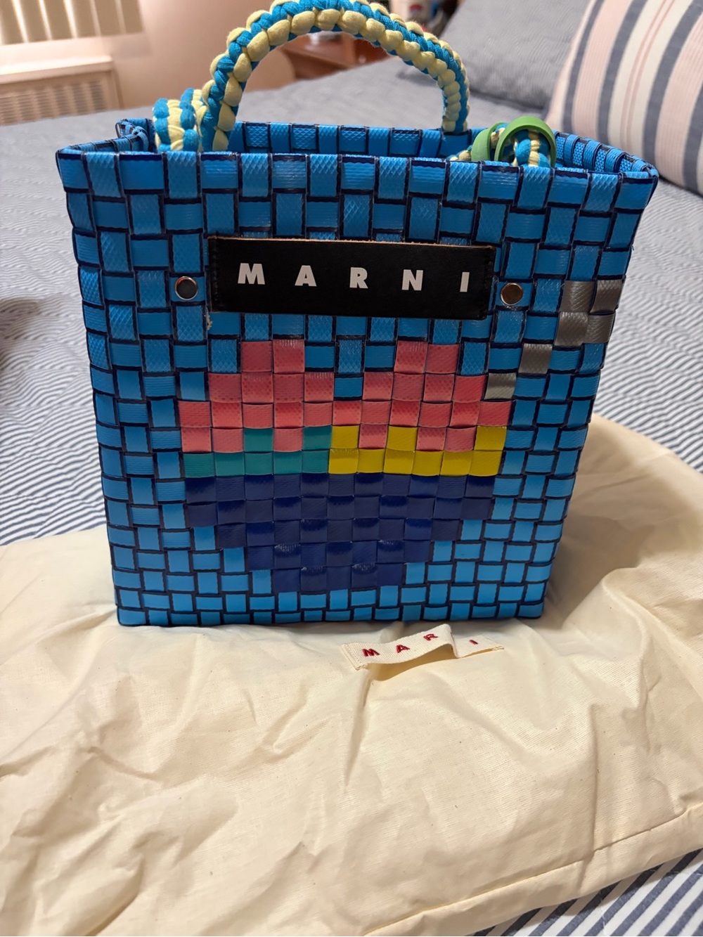 Marni Blue Woven Tote with Pink, Yellow, Green and Dark Blue Heart Motif